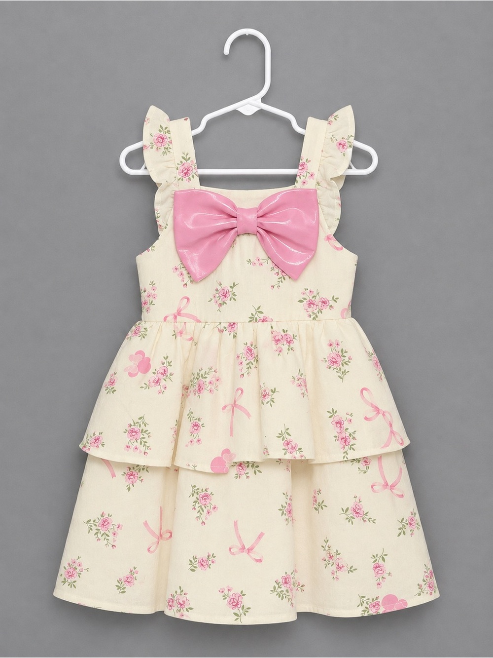 Disney Cream Dress with Pink Floral Print and Pink Bow
